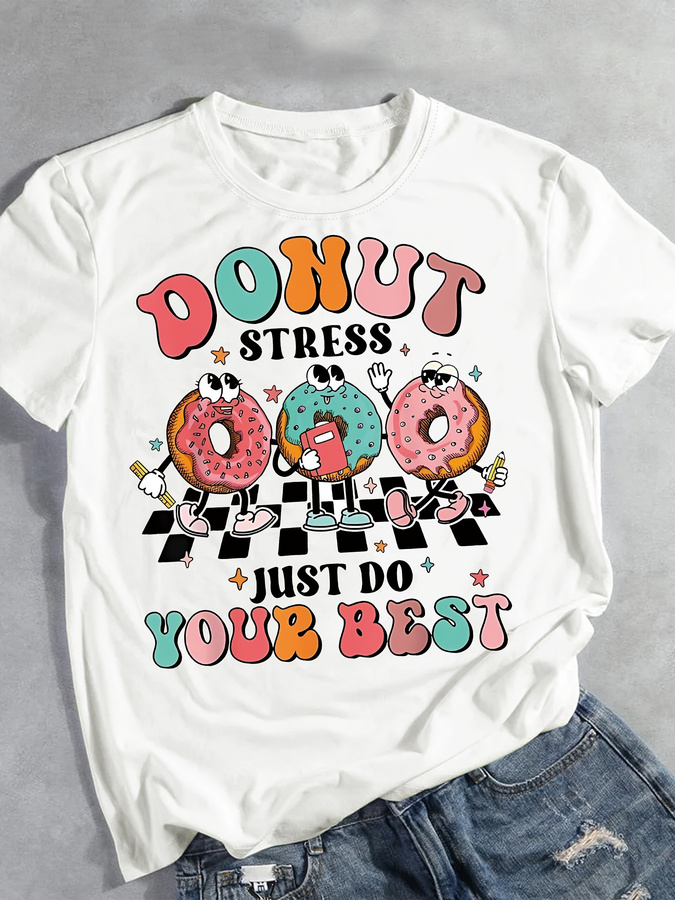 Cartoon Donut Print T-shirt, S - đánh giá và giá Summer Clothing Trends 2025 Women'S