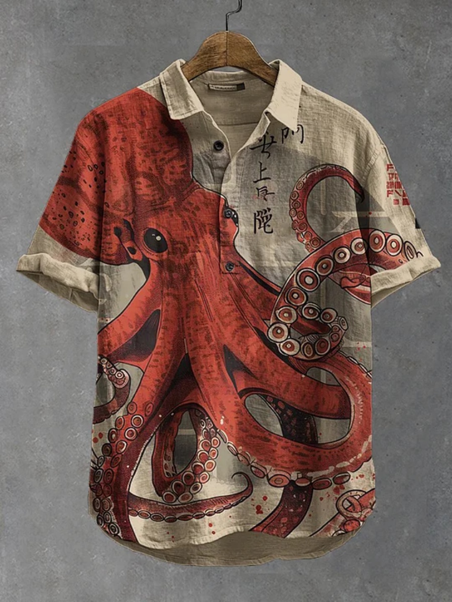 Men's polo shirt octopus print - đánh giá và giá Summer Clothing Men Linen